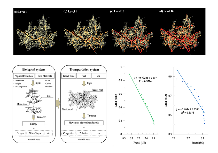 상단 서울 도로 시스템의 트래픽 성장 패턴 하단 우측 생물체와 교통시스템의 신진대사 하단 좌측 프랙탈 차원과 신진대사 지표의 관계