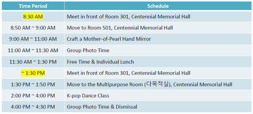 Field Trip Day 1 schedule