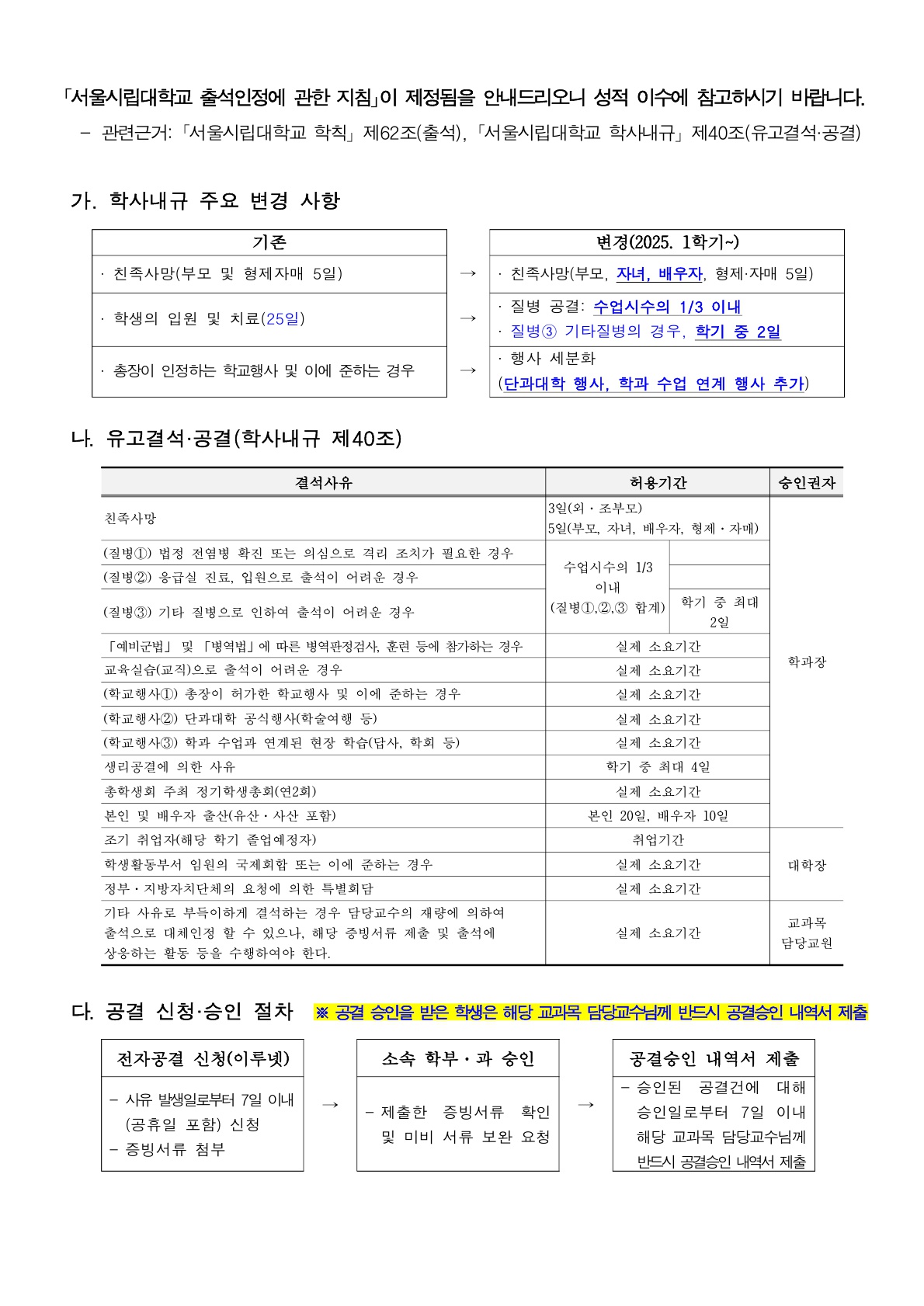 학부 공결 신청 안내출석인정에 관한 지침 이미지입니다
